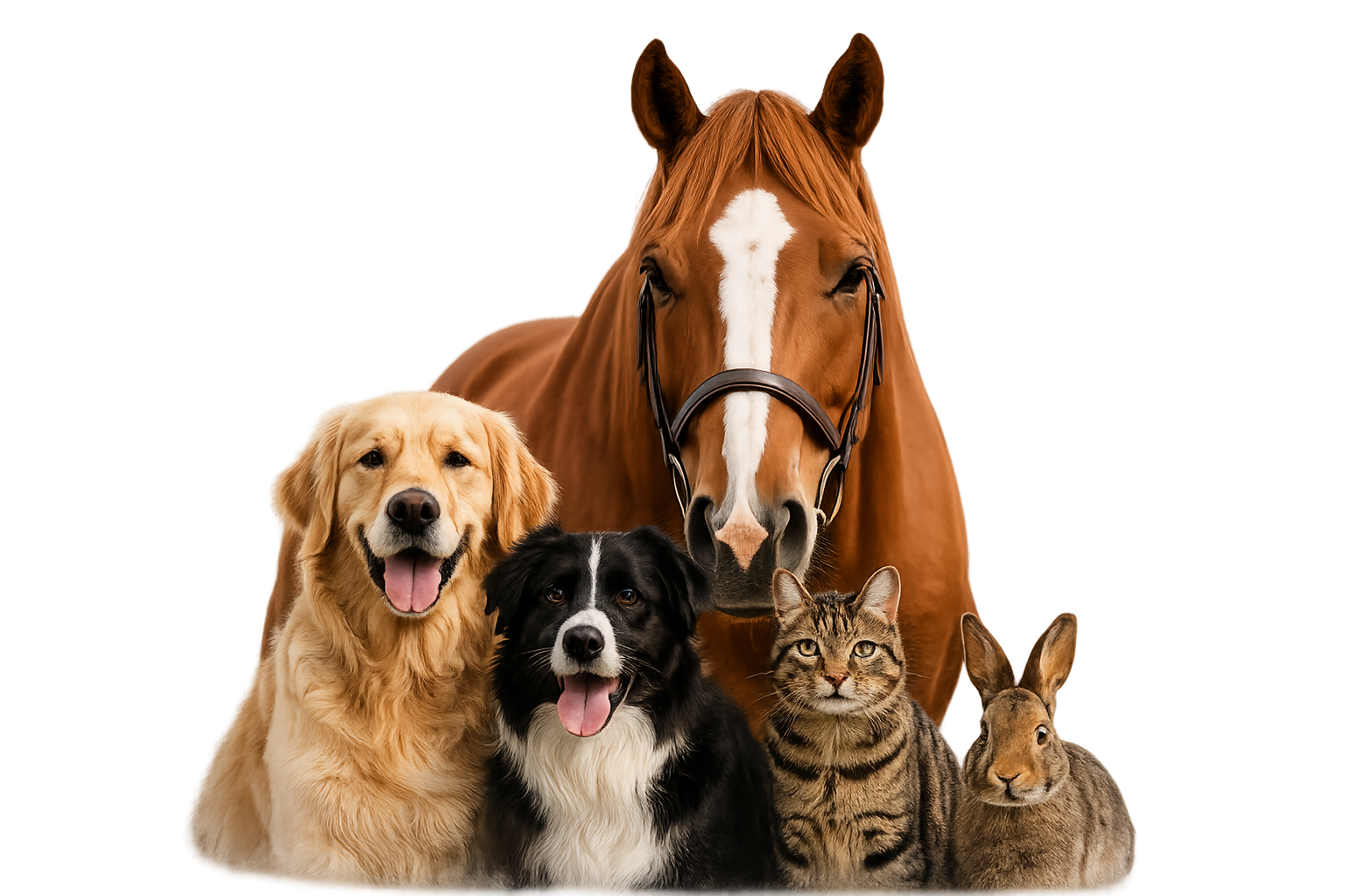 Horse, golden retriever, border collie, cat and rabbit